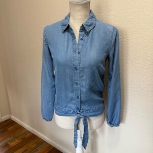 LC Loren Conrad Denim Look Front Tie Collard Shirt - Size XS